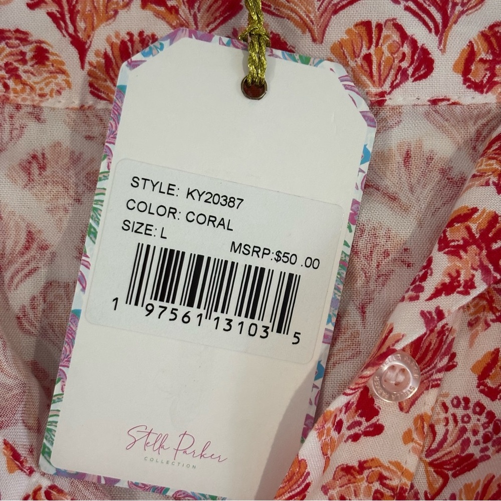 Stella Parker Womens Shell Print Button Up Top Size Large Coral Office Career - Picture 4 of 7